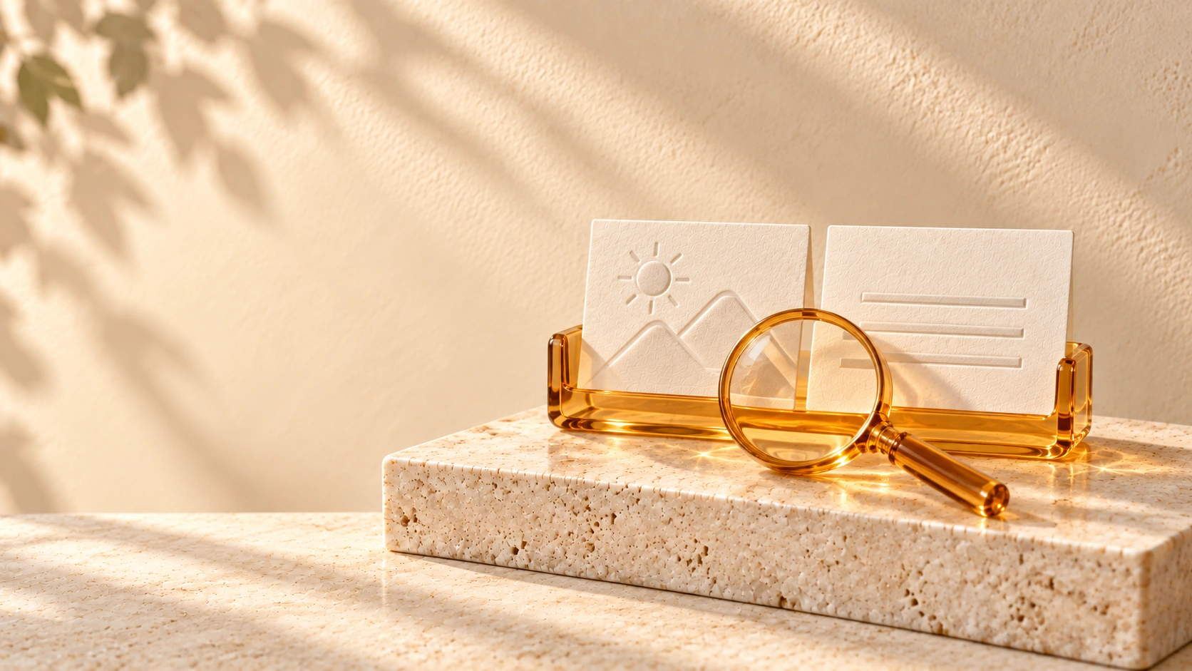 Picture and text-description cards held together in an amber clip, with an inspection lens.