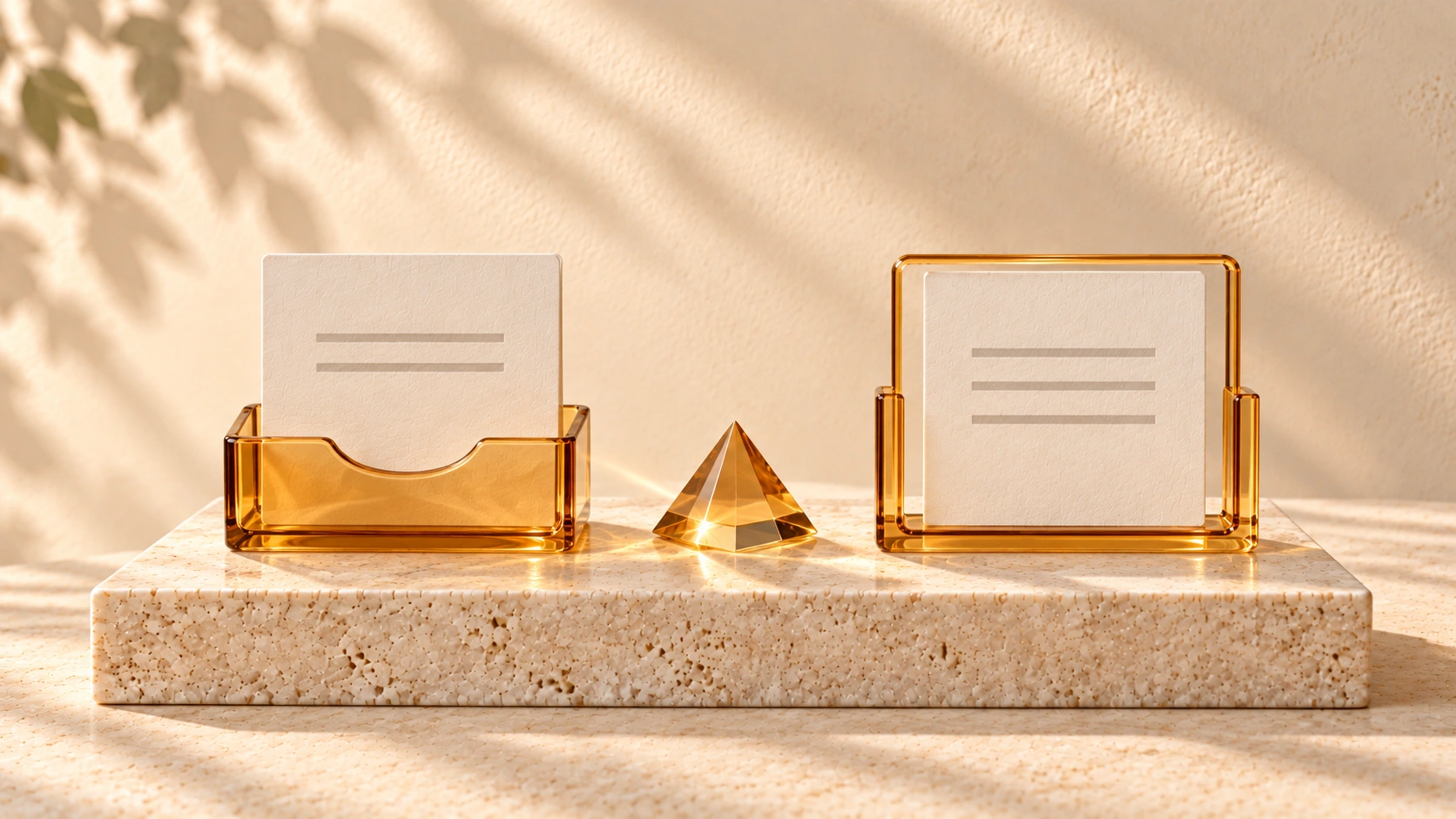 Two ivory cards show different sets of embossed lines, one in an amber archive holder and one in an amber inspection frame, with a small amber prism between them.