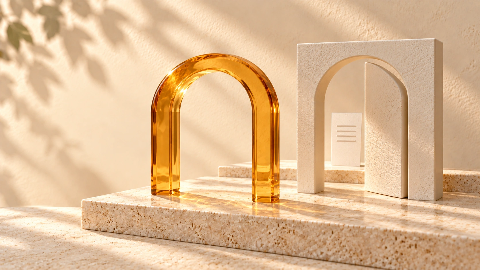 An amber-glass arch and a partly closed ivory gateway stand before a small ivory page card.