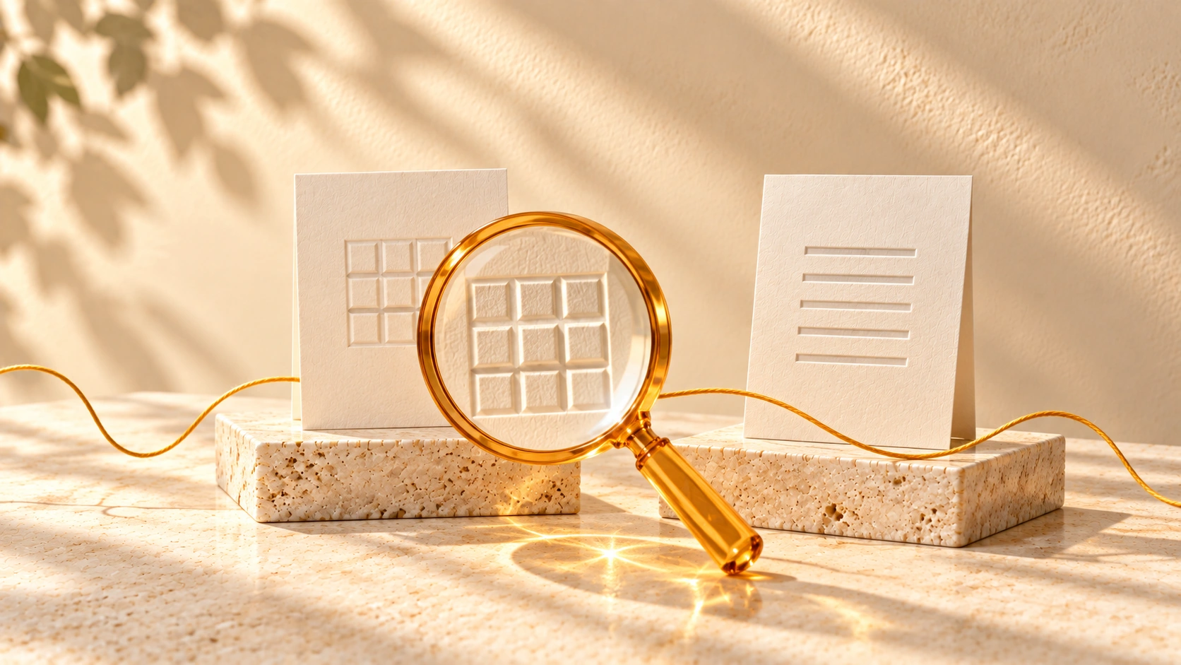 An amber-glass magnifying lens in front of two ivory cards with different embossed patterns.