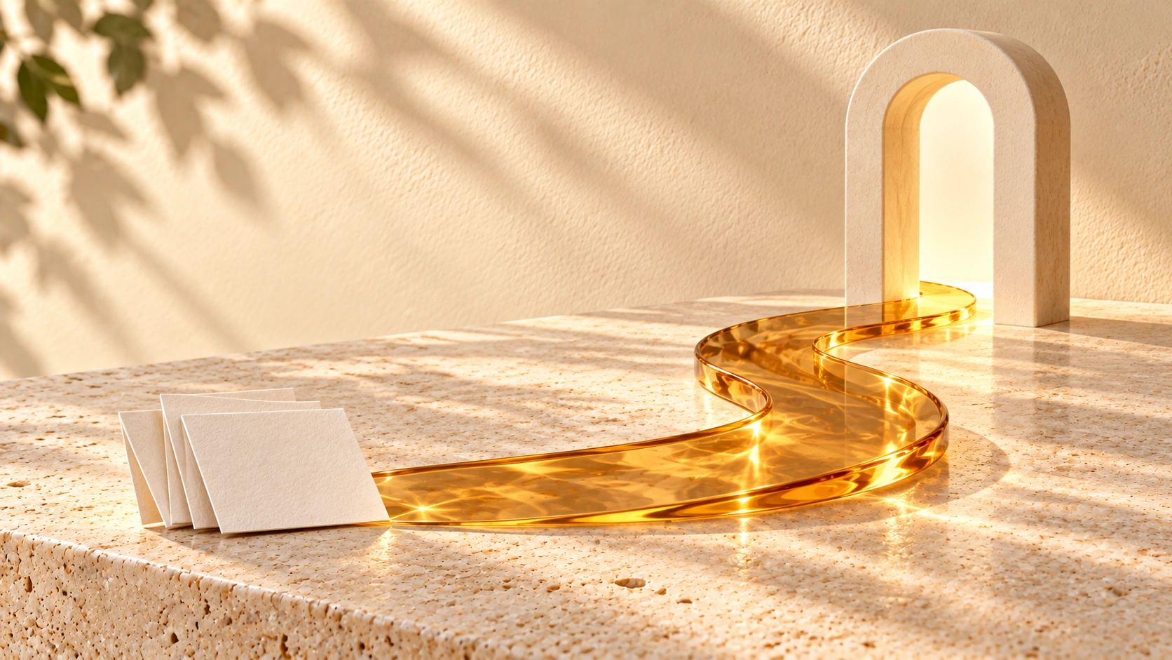 An amber-glass path leads from ivory page cards to a single ivory doorway on pale stone.