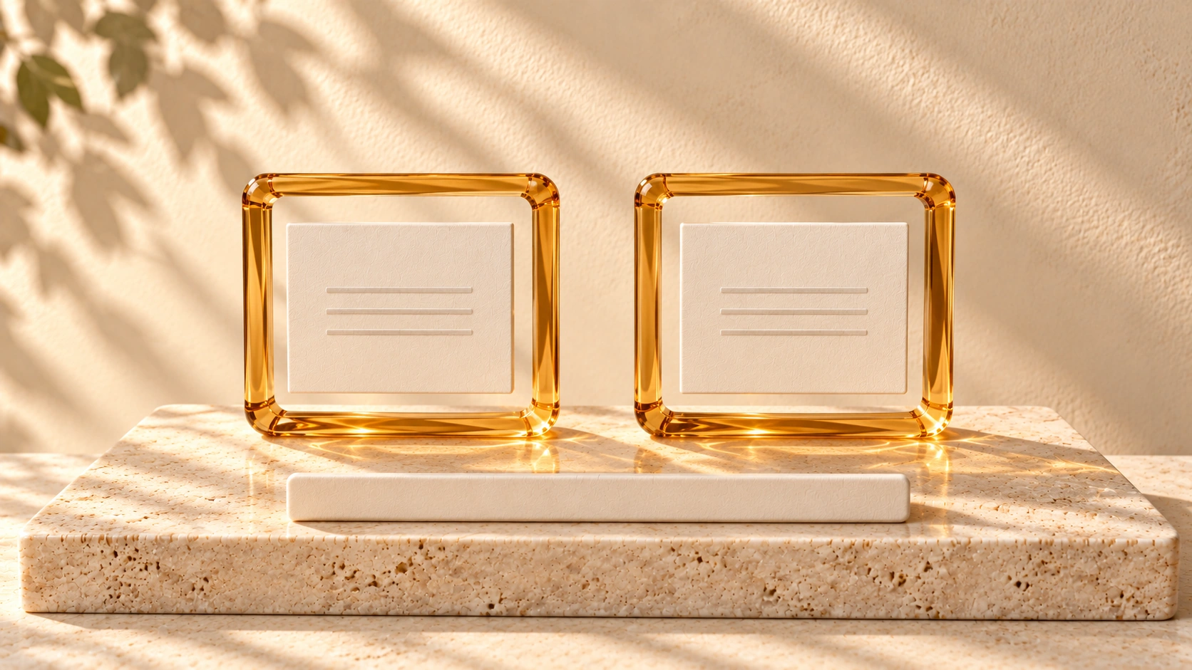 Two matching amber-glass frames hold ivory cards side by side, with an unmarked ivory bar in front.