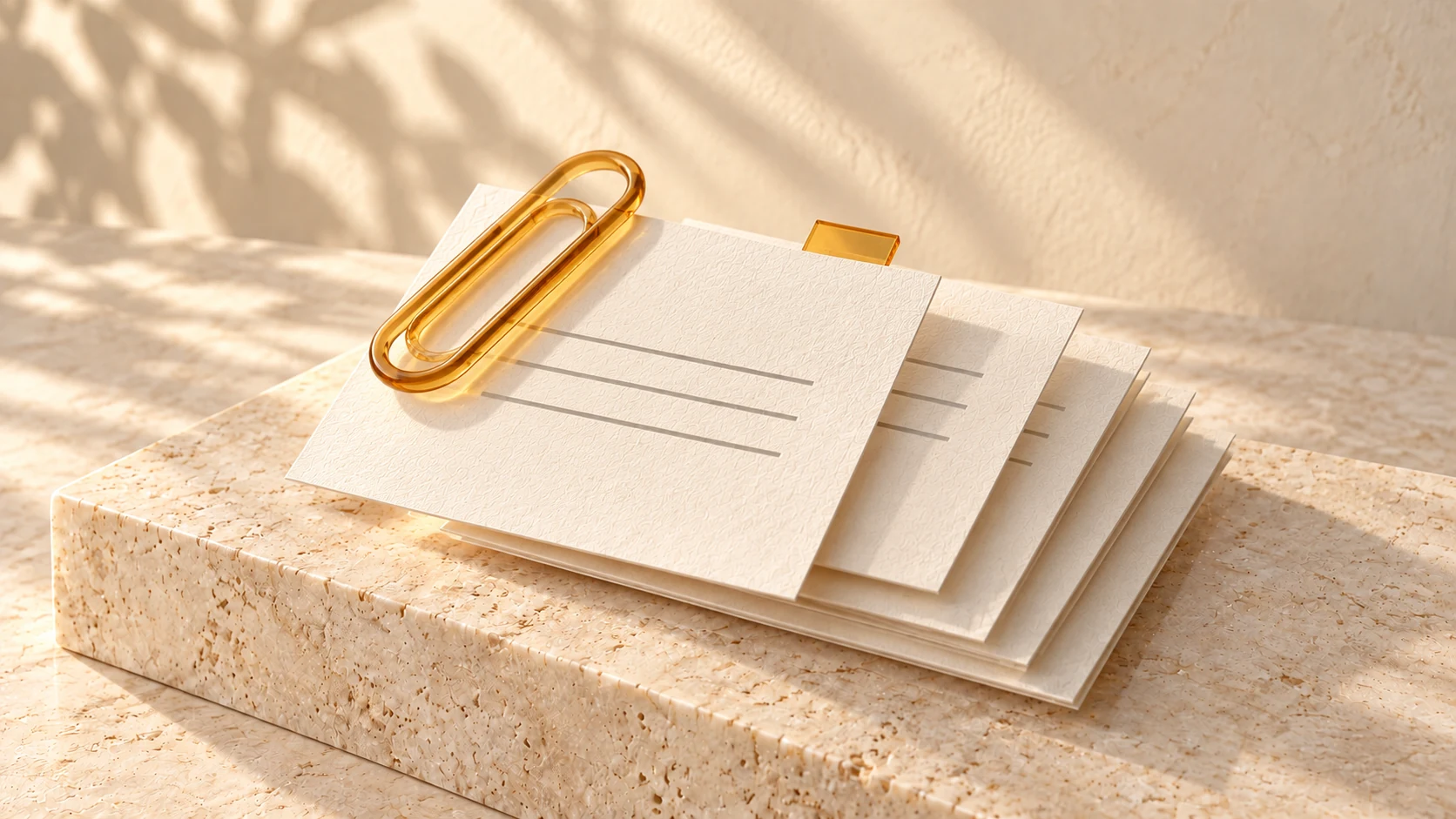 An amber glass paperclip selects one ivory article card from a small stack on a pale travertine slab.