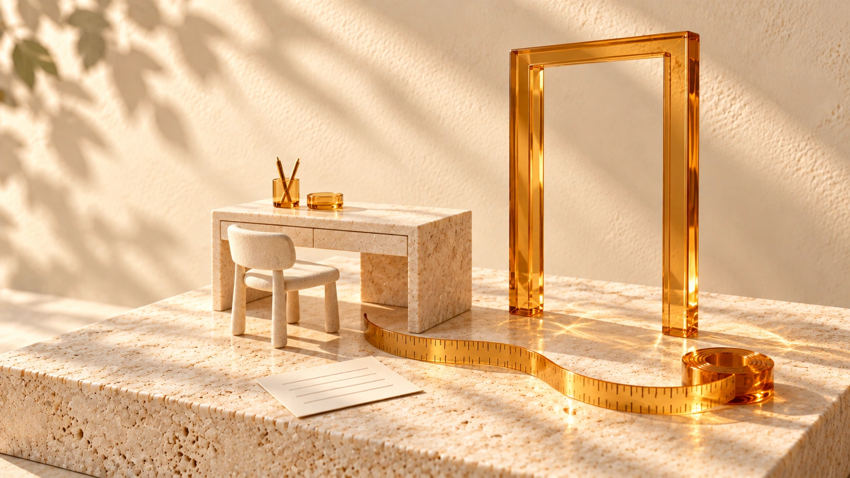 An ivory stone miniature desk sits beside an amber glass doorway frame and an unlabelled measuring tape on travertine.