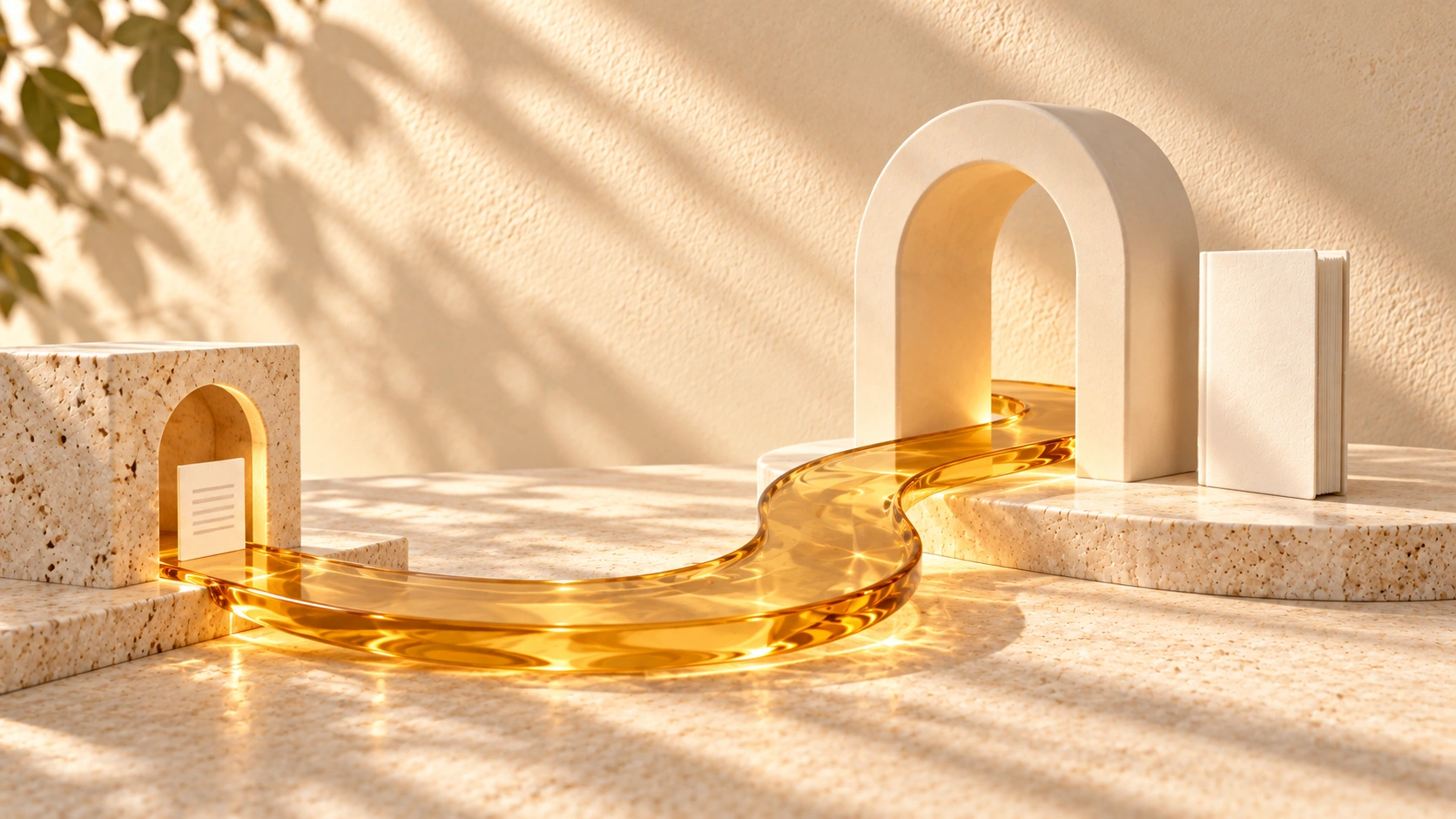 A continuous amber-glass path connects a small stone doorway with a larger ivory arch and a book.