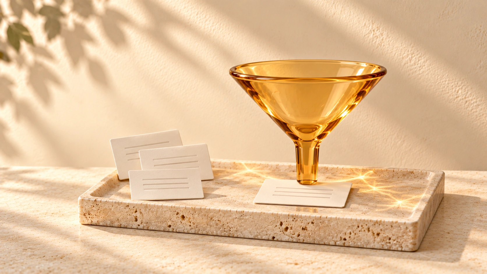 An amber glass funnel stands over one ivory assignment card, with three idea cards beside it.