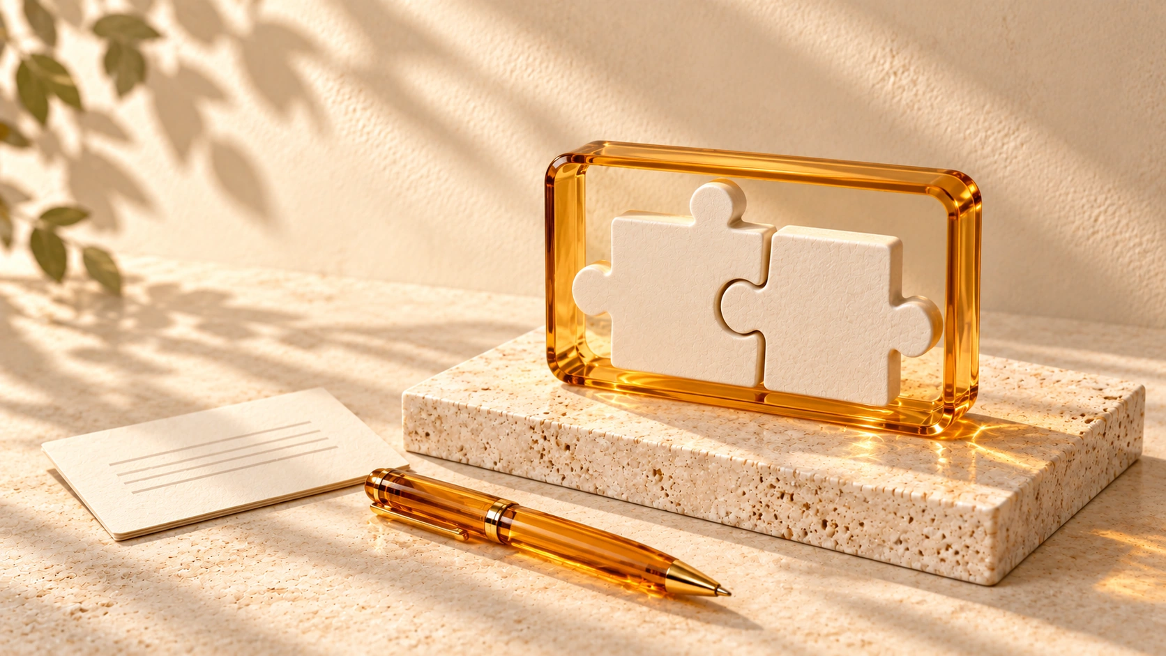 Two joined ivory puzzle pieces sit inside an amber frame beside a note card and pen.