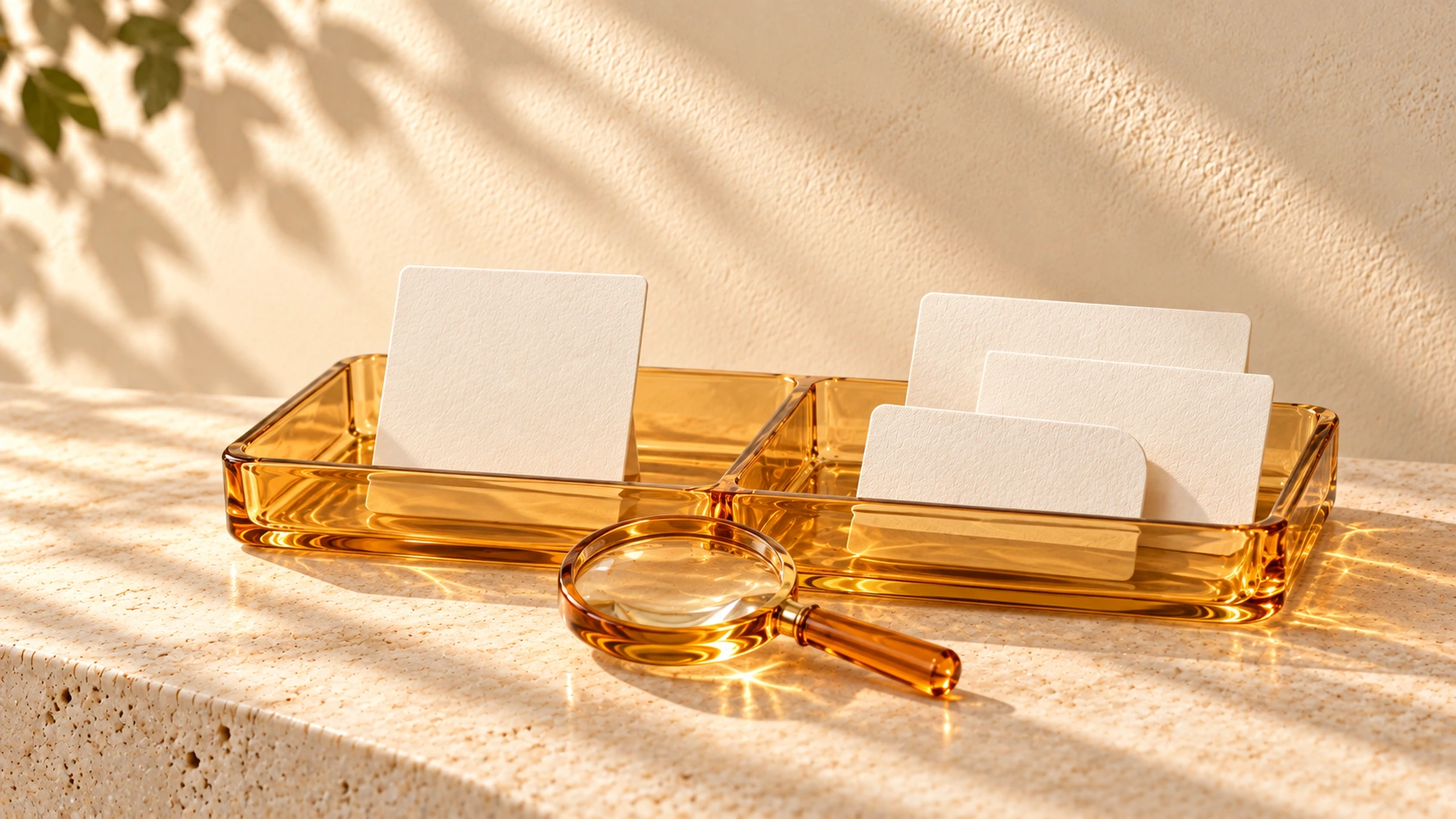An amber-glass tray separates one ivory page card from three others, with an inspection lens in front.