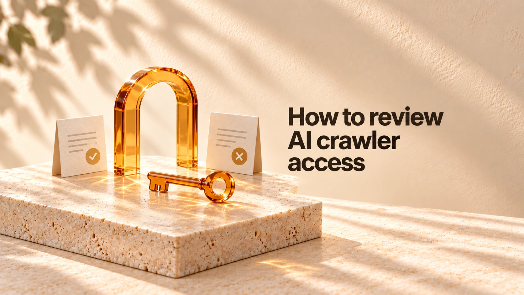 How to review AI crawler access, beside an amber-glass gateway, key, and two ivory page cards.