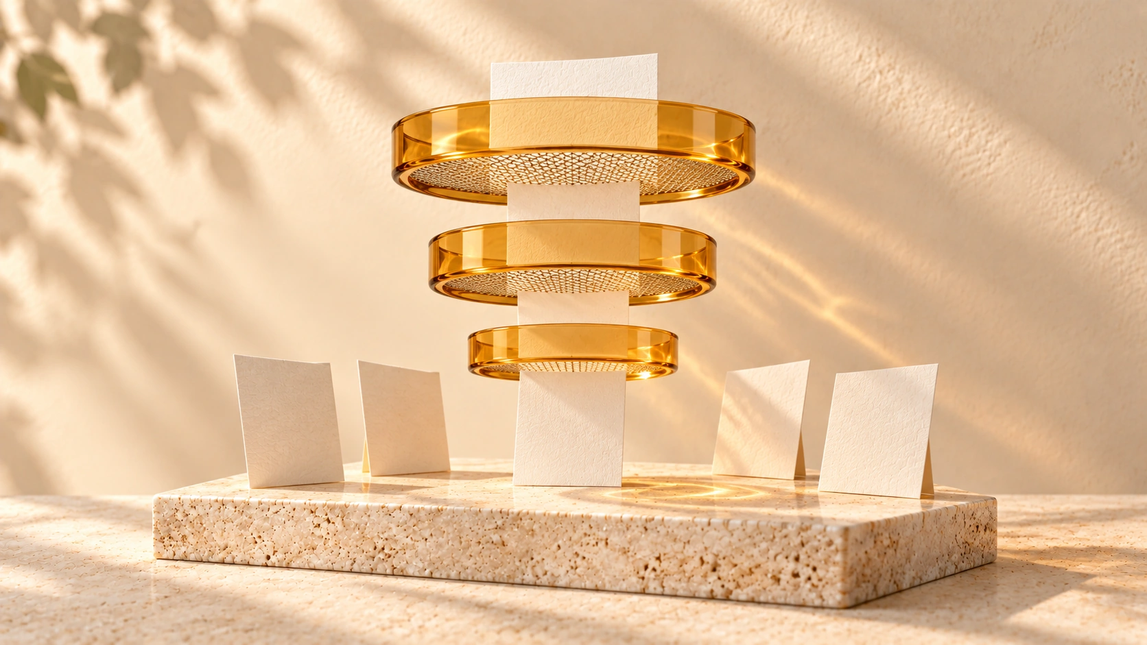 Three amber-glass sieve rings are stacked above a central ivory card, with other cards arranged around the base.