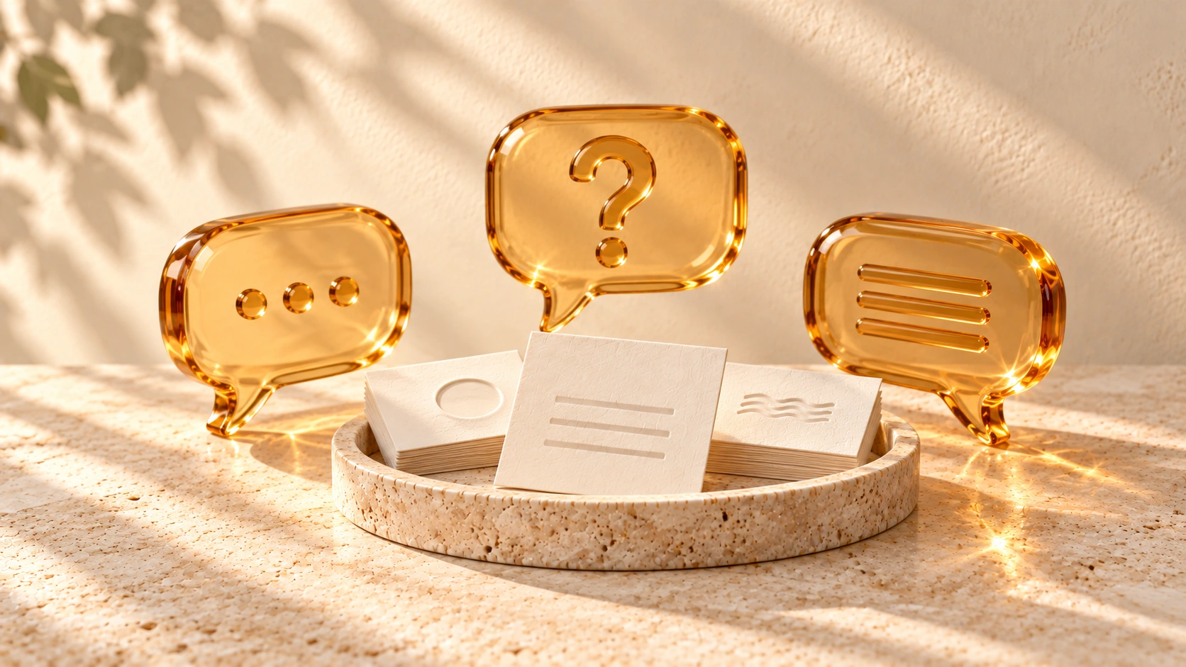 Three amber glass conversation bubbles surround a tray of ivory question cards on pale stone, with one card brought forward.
