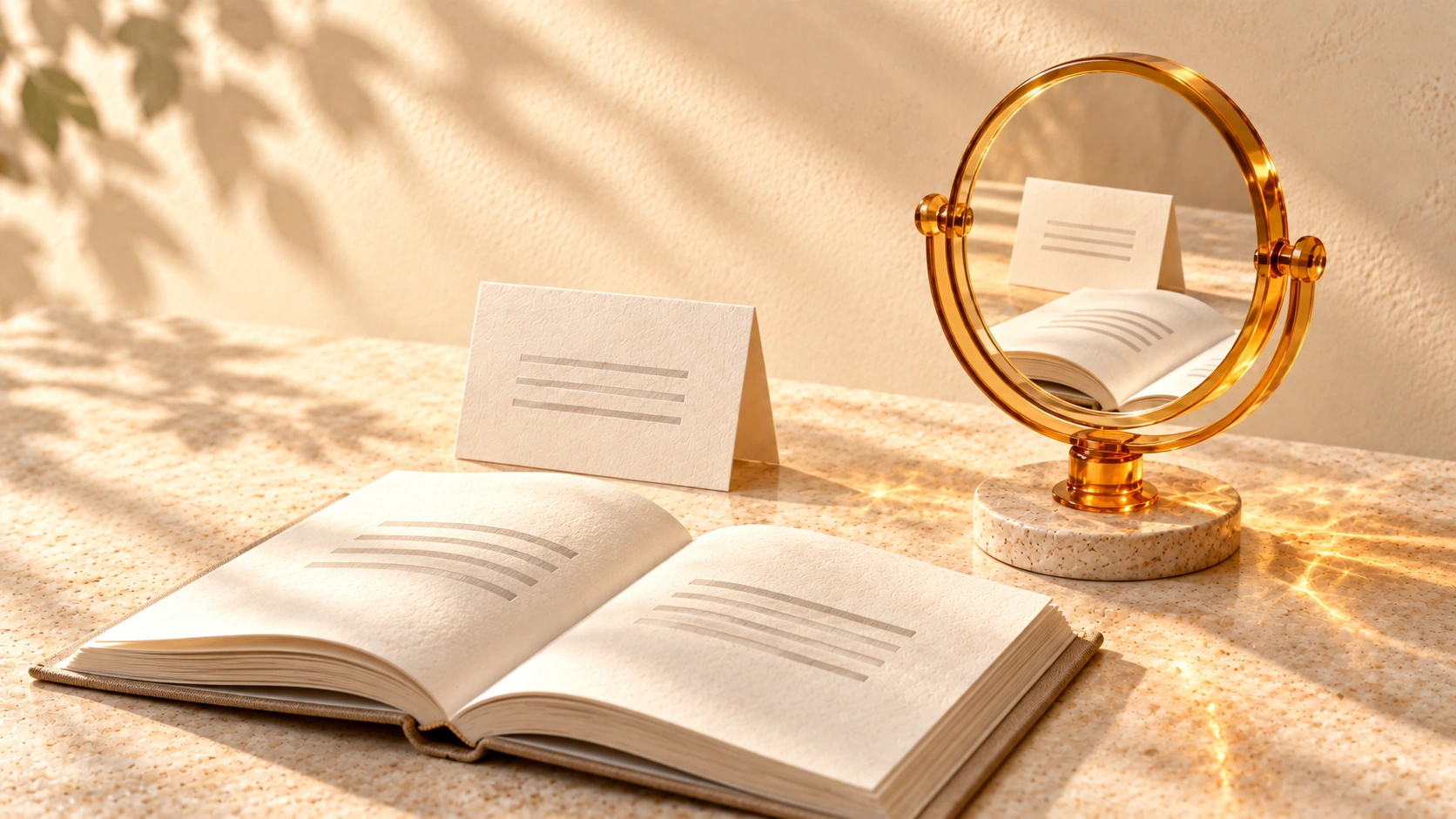 An amber-glass mirror reflects an ivory summary card and an open book with matching line motifs.