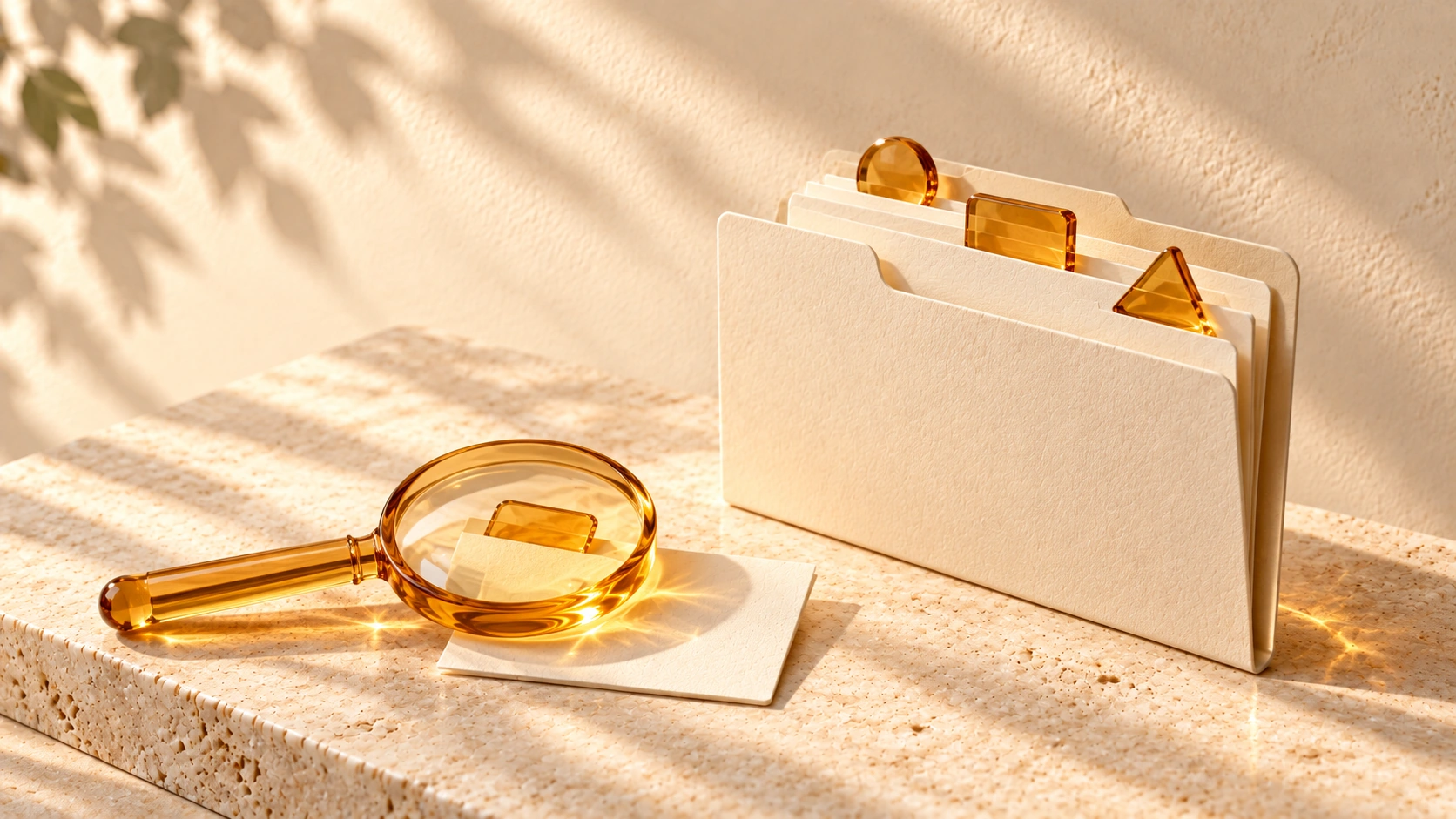 An ivory folder with amber-tabbed cards sits beside a magnifying lens over another tabbed card.