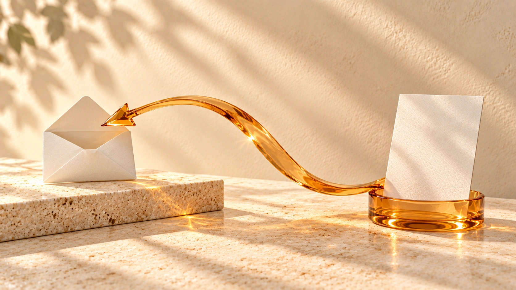 An amber-glass ribbon links an ivory page card to an open envelope, with its arrow pointing toward the envelope.