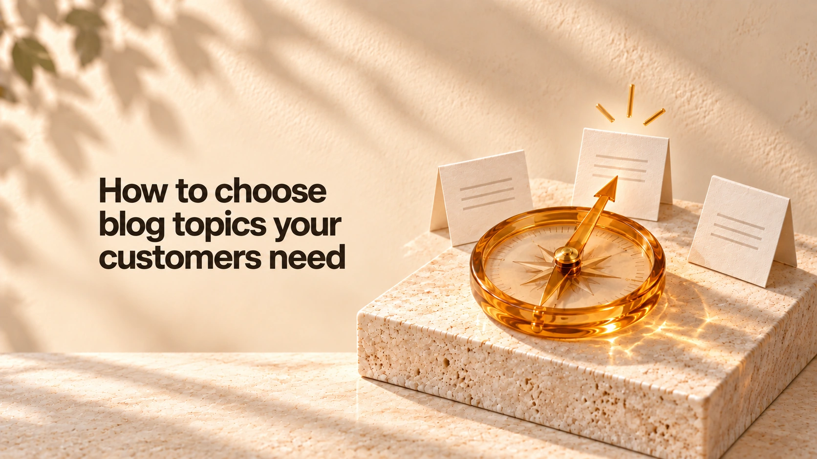 The title “How to choose blog topics your customers need” in bold charcoal text on the left, beside a honey-amber glass compass pointing to an ivory question card on pale travertine.