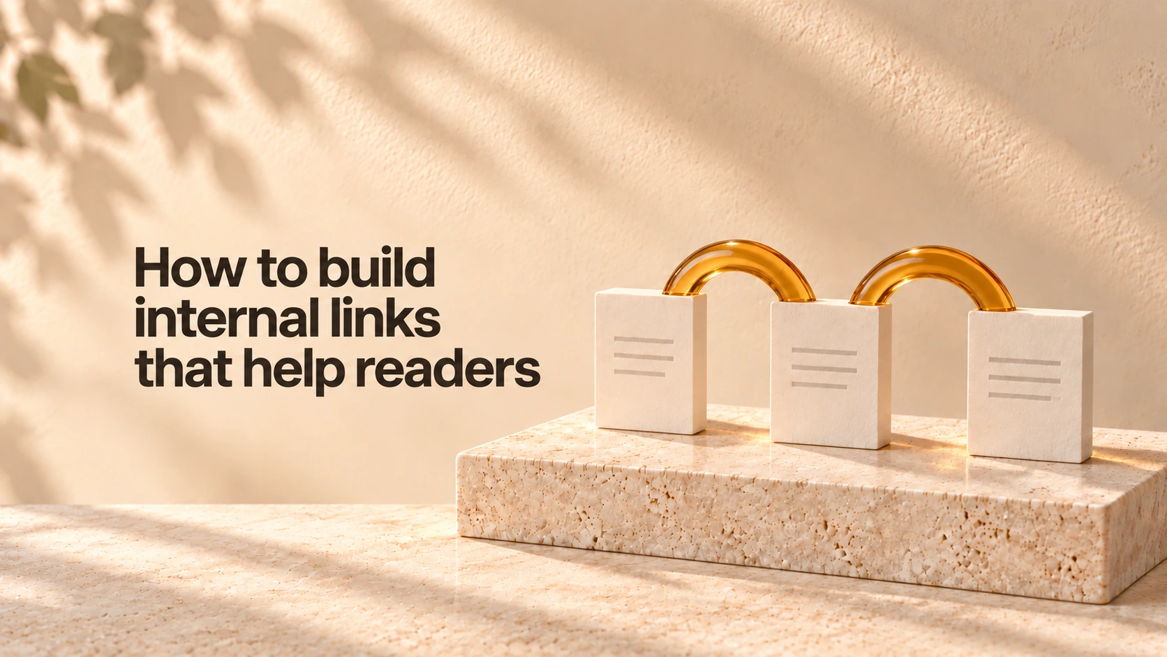 The title “How to build internal links that help readers” appears in bold charcoal text on the left, beside three ivory page cards connected by amber glass arches on pale stone.