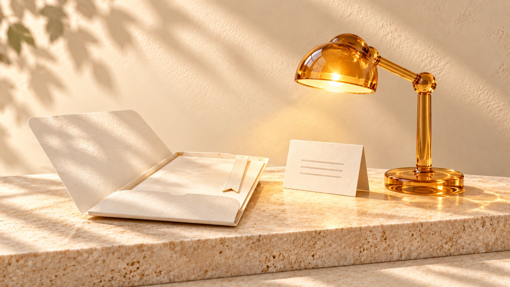 An amber-glass desk lamp illuminates an ivory summary card beside an open folder and bookmark.