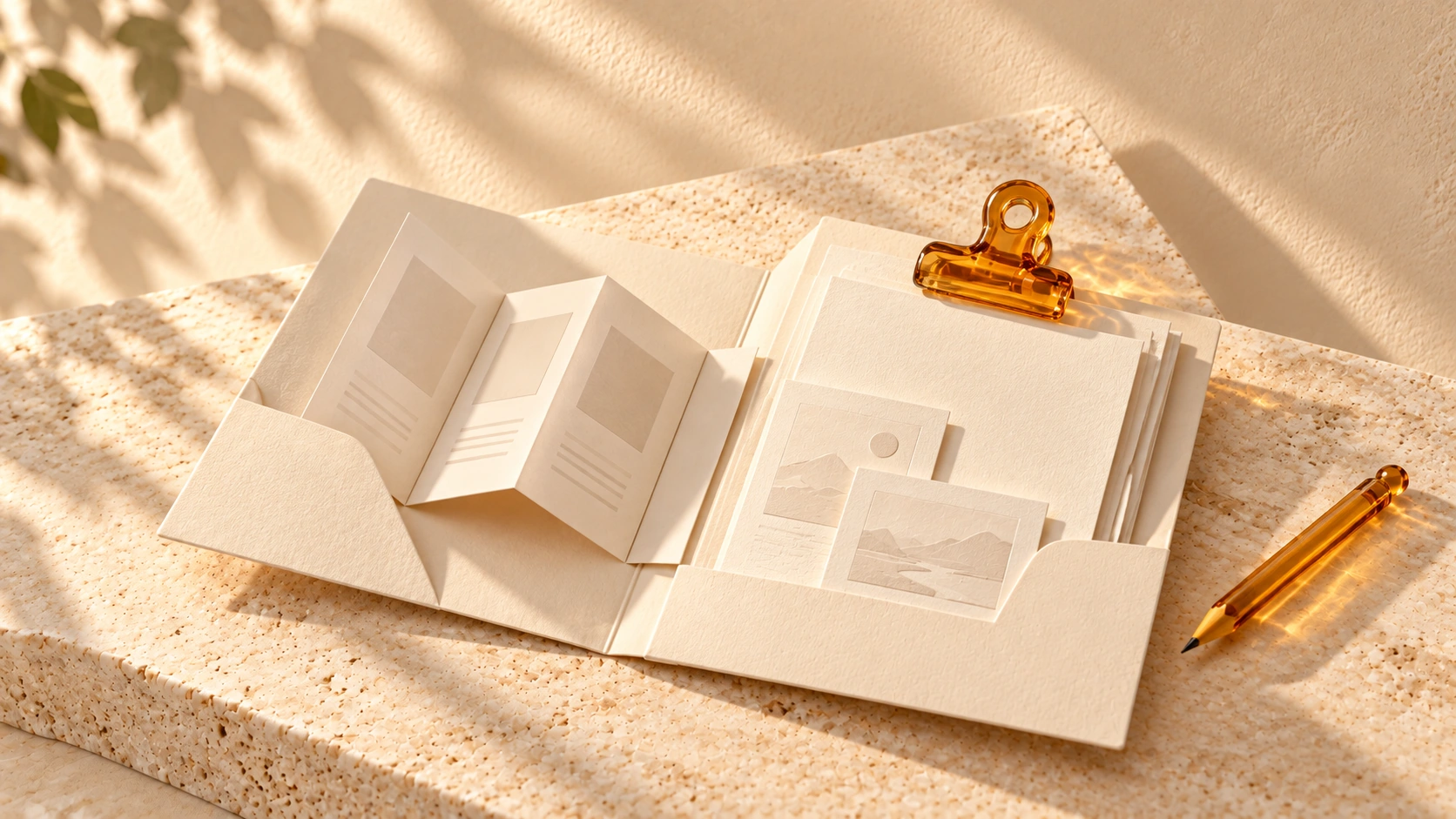An ivory portfolio holds page cards, picture cards and a folded inventory, secured with an amber clip.