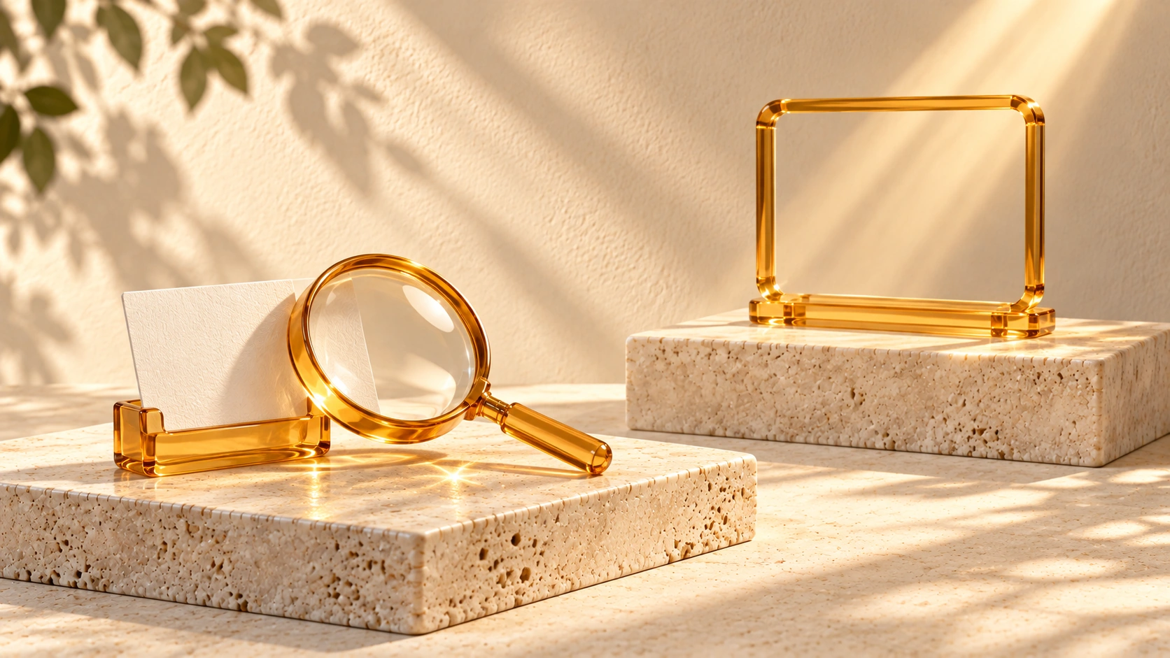 An amber inspection lens and ivory card sit on one stone pedestal, with a separate empty amber viewing frame on another pedestal.