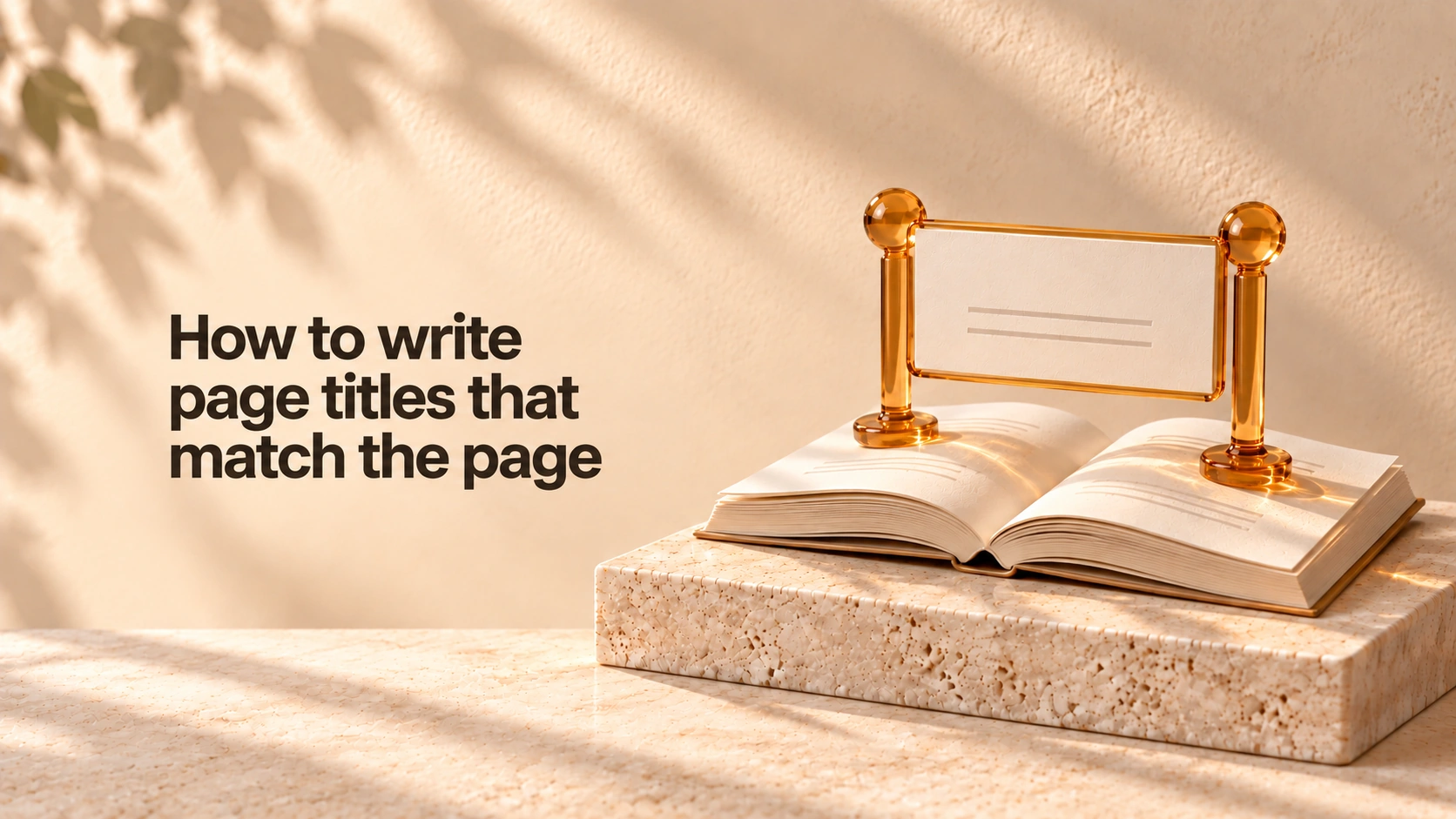 The title “How to write page titles that match the page” in bold charcoal text on the left, beside an ivory book and an amber glass title-card frame on pale travertine.