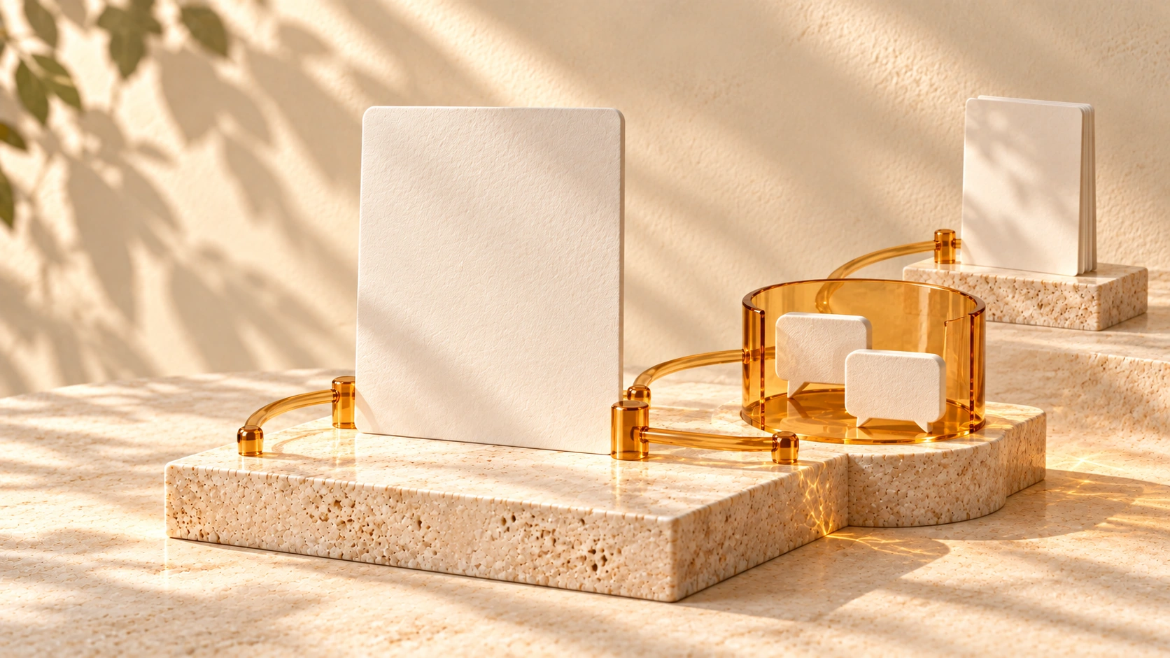 A large ivory page panel connected to a small amber question alcove and a separate guide booklet.