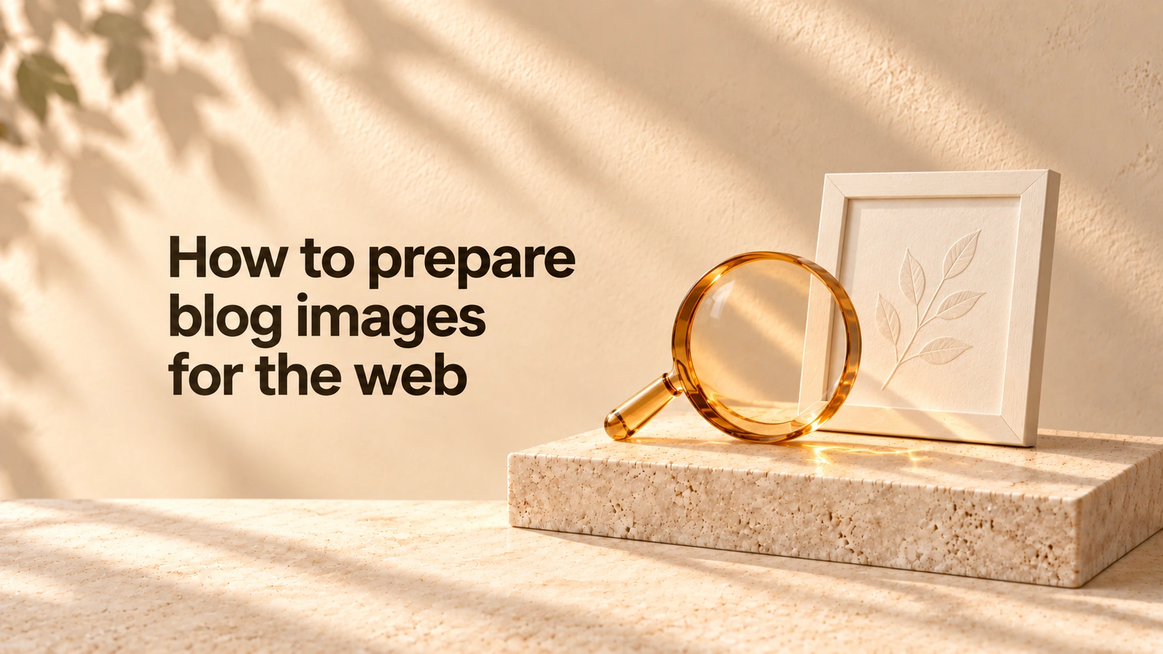 How to prepare blog images for the web, with the title beside an amber-glass magnifying lens and an ivory botanical frame on travertine.