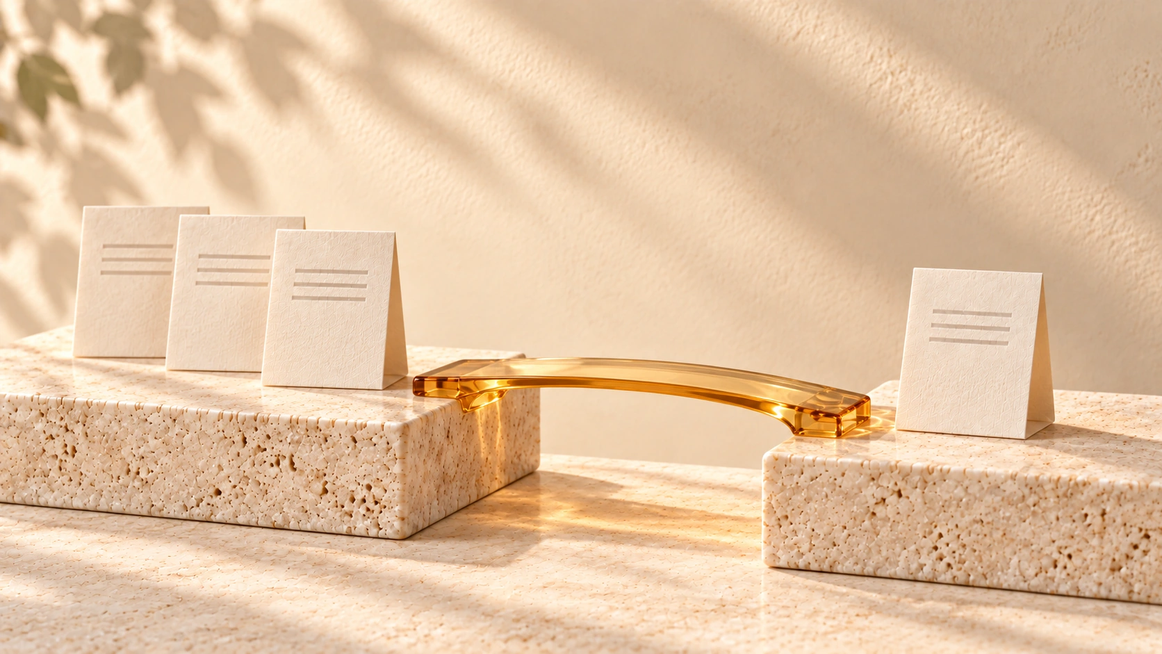 An amber glass bridge connects a group of ivory page cards to one isolated card across two pale stone platforms.