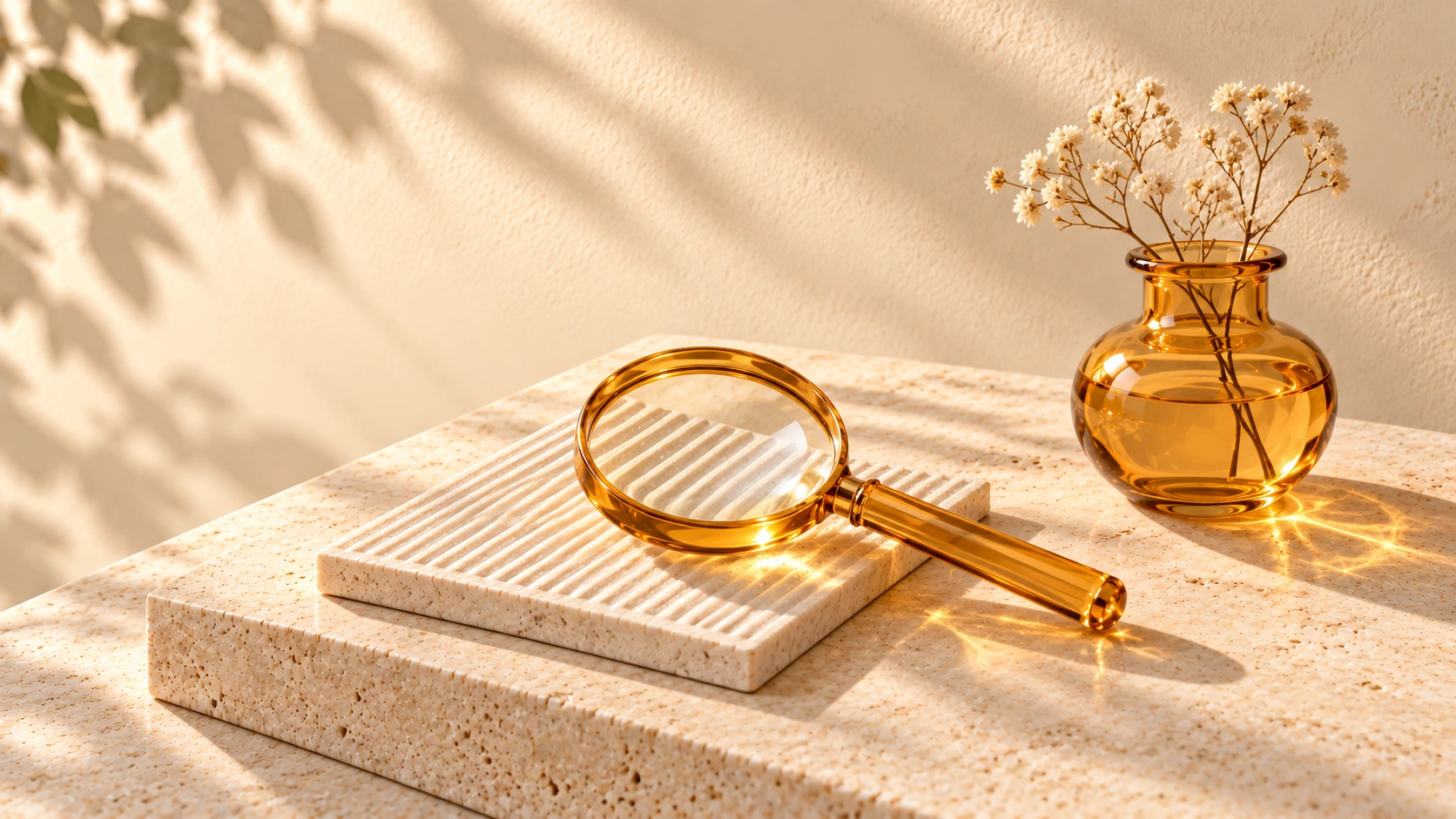 An amber-glass magnifying lens rests on a ridged ivory tile beside a transparent amber vase with pale flowers.