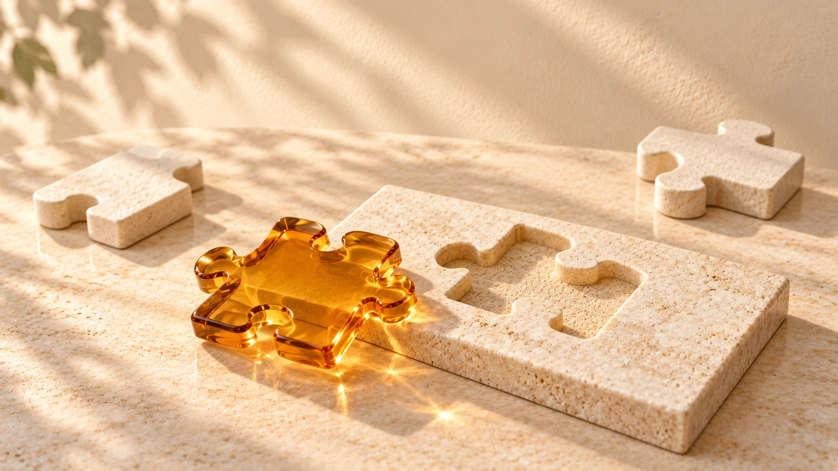 An amber-glass puzzle piece sits beside an empty matching notch in a pale stone panel, with two other pieces farther away.