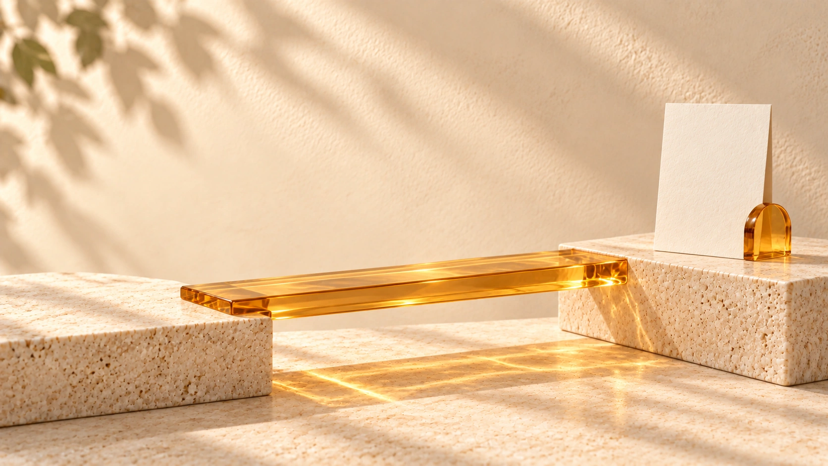 A straight amber-glass bridge connects two travertine platforms, with an ivory page card at the destination.