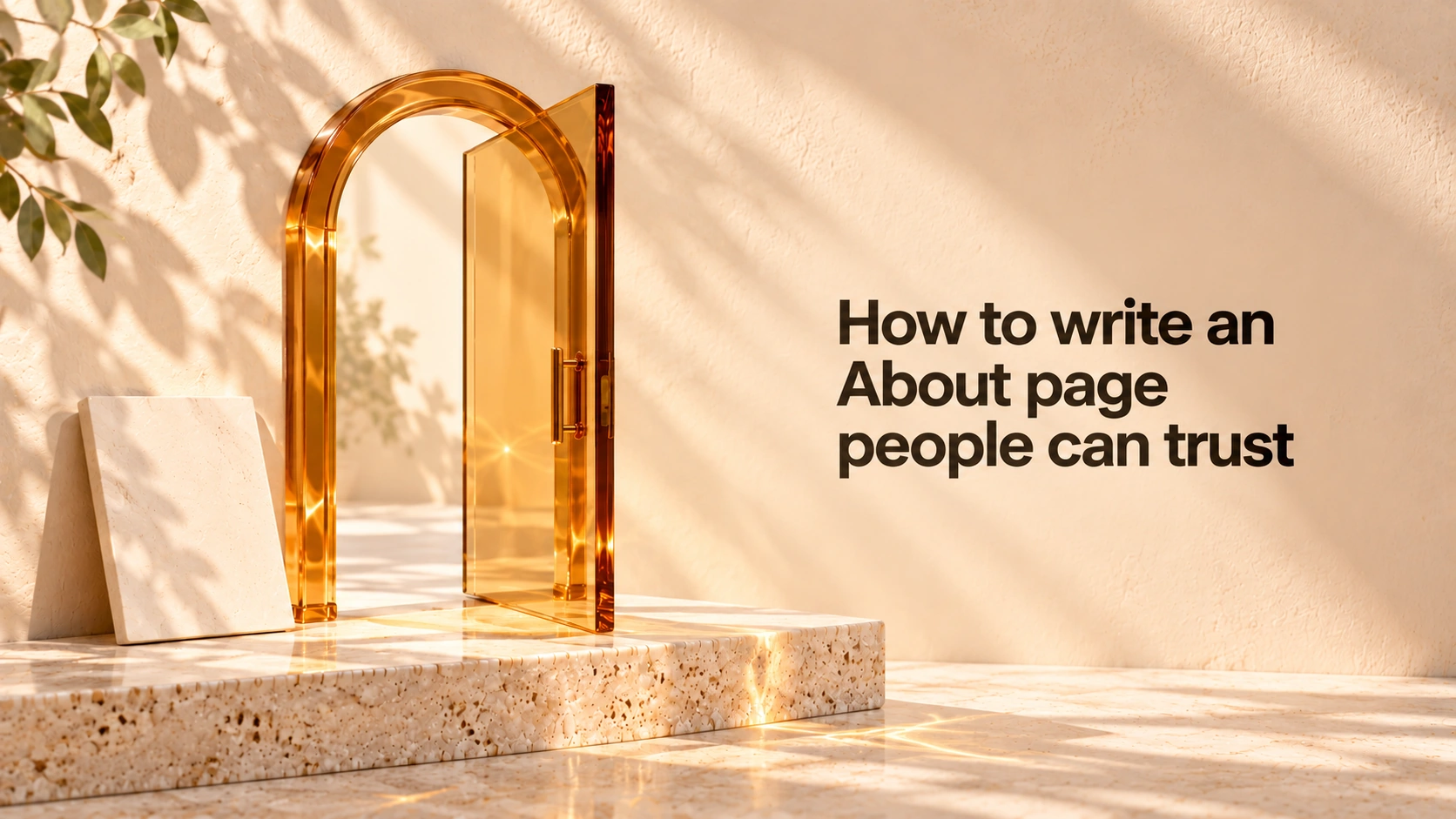 How to write an About page people can trust, beside an open amber-glass doorway and blank ivory nameplate.