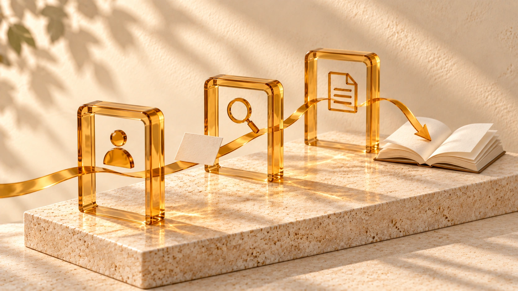 An amber ribbon carries an ivory card through three glass gates marked with a person, magnifying glass, and page symbol, toward an open book.