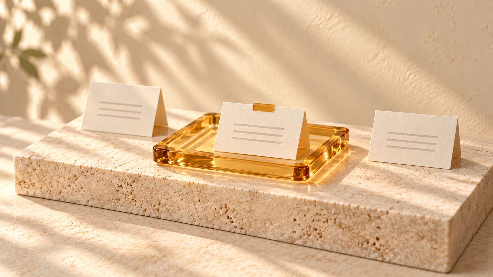 An amber glass frame isolates one ivory question card, with two other cards outside it on a pale stone slab.