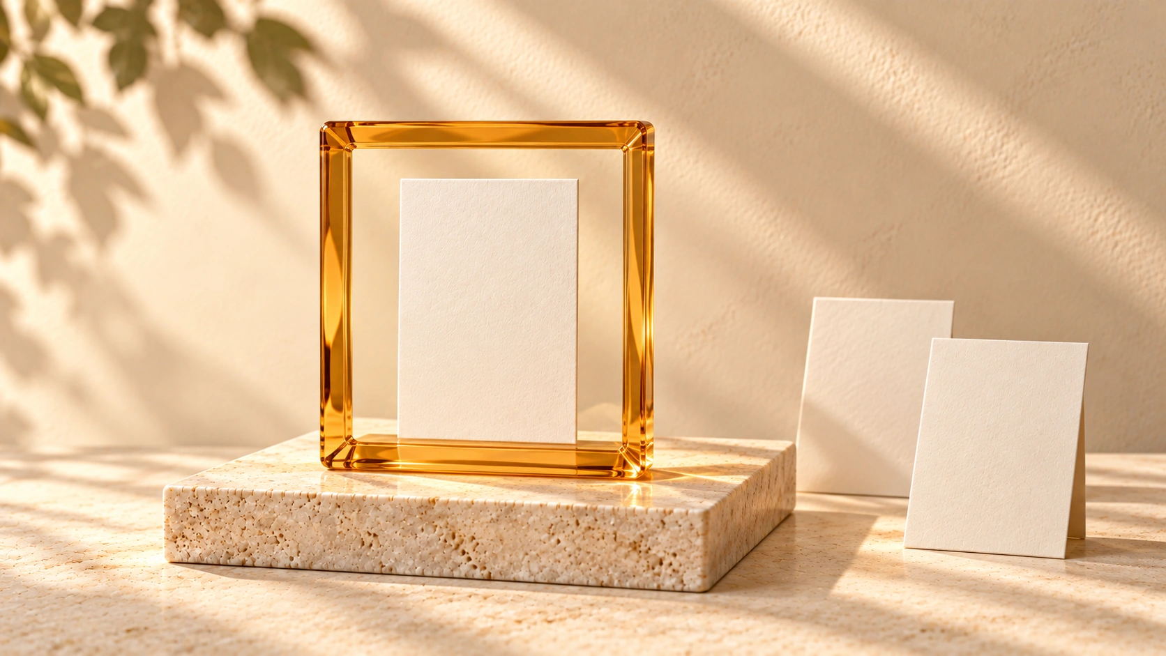 An amber-glass frame surrounds one ivory card, with two more cards standing outside the frame.