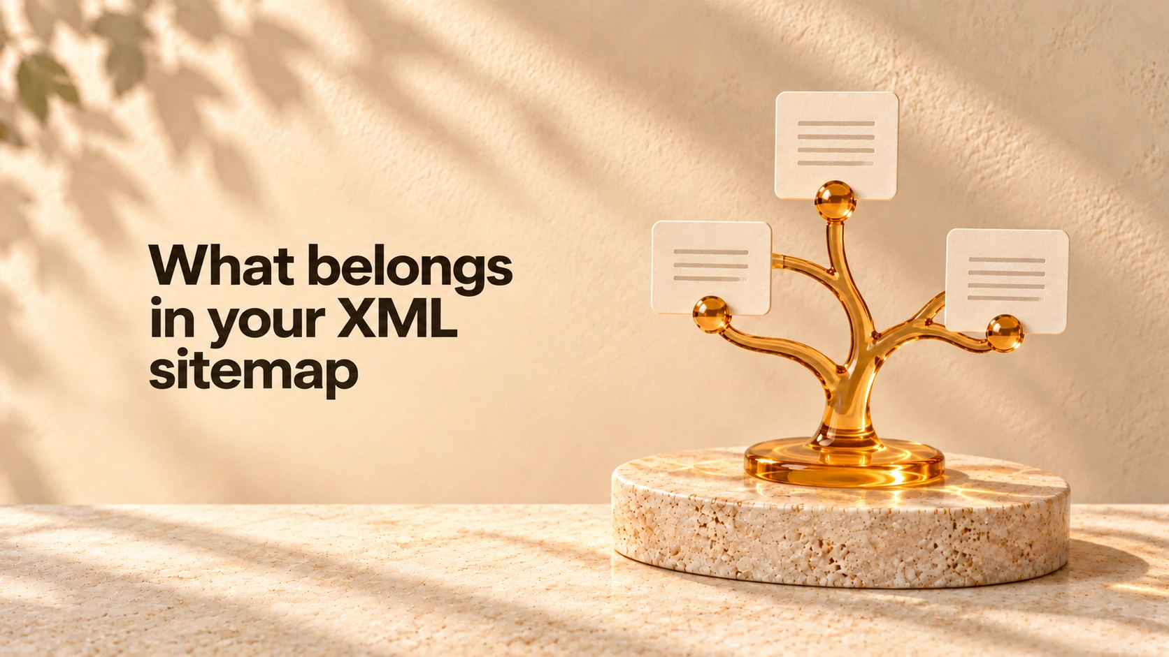 What belongs in your XML sitemap, beside an amber-glass branching tree holding three ivory page cards.