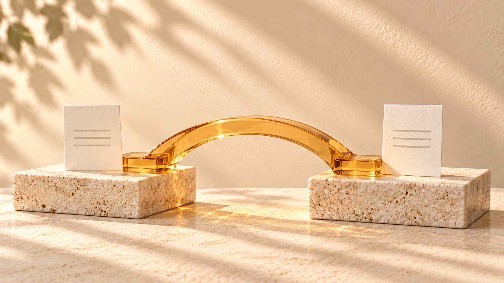 Amber glass bridge connecting two ivory page cards.