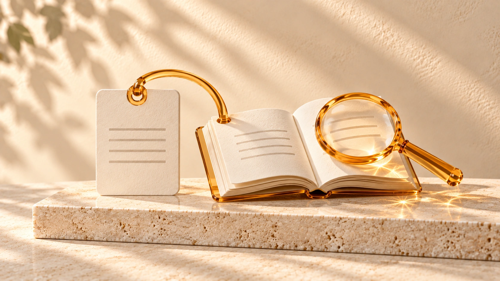 An ivory label connects to an open book through an amber glass loop, with a magnifying glass resting on the pages.