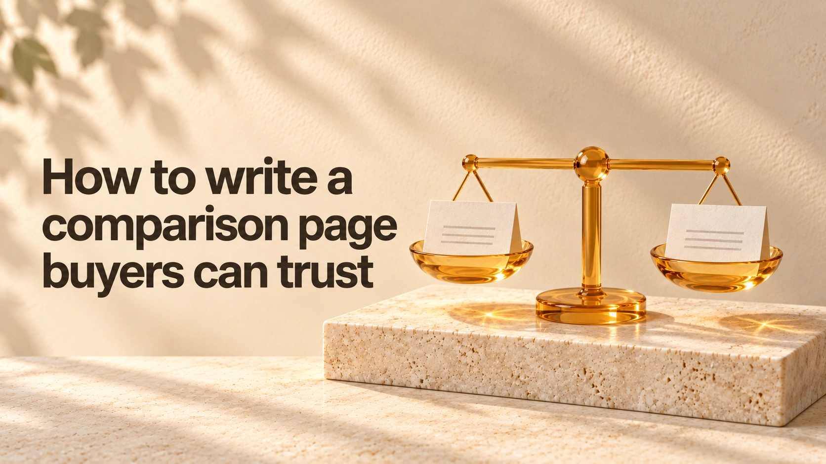 The title “How to write a comparison page buyers can trust” appears in bold charcoal text on the left, beside an amber glass balance scale holding two ivory cards on pale stone.
