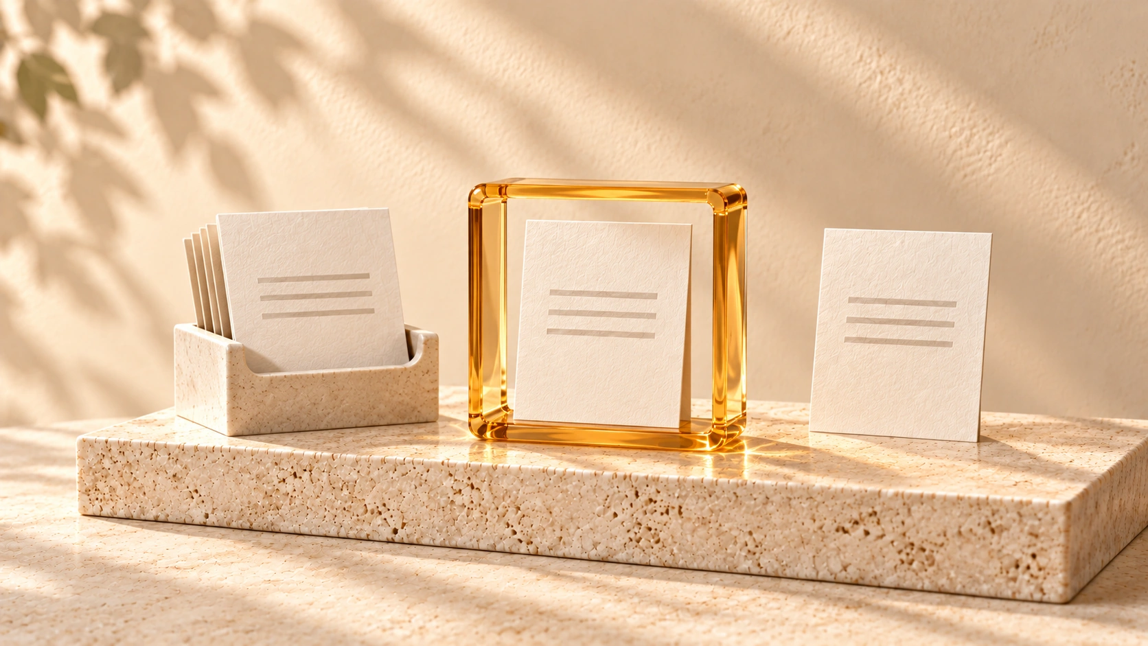 One ivory page card stands inside an amber glass frame, beside cards in an ivory archive holder and another card on pale stone.