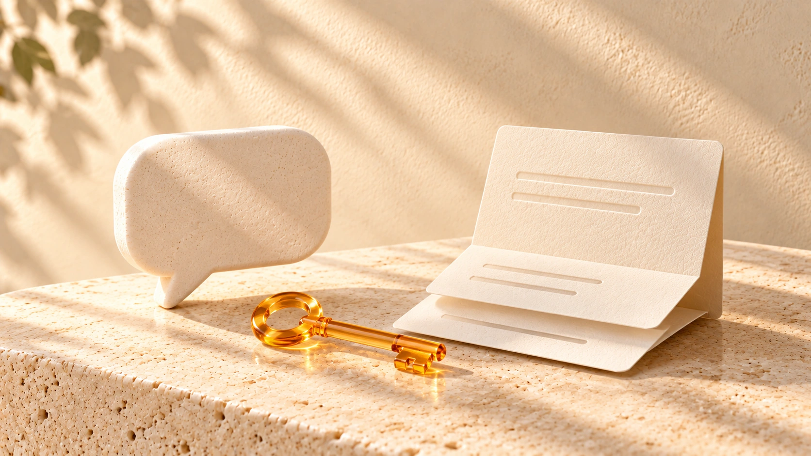 An amber-glass key beside an ivory speech bubble and a layered answer card.