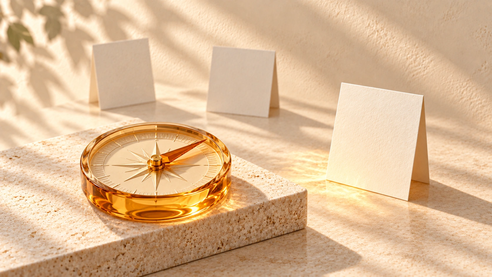 An amber-glass compass points toward one ivory page card, with two other cards standing farther back.