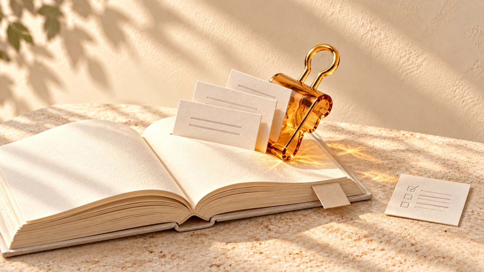 Ivory content cards gathered into an open book by an amber-glass clip, beside a small checklist card.