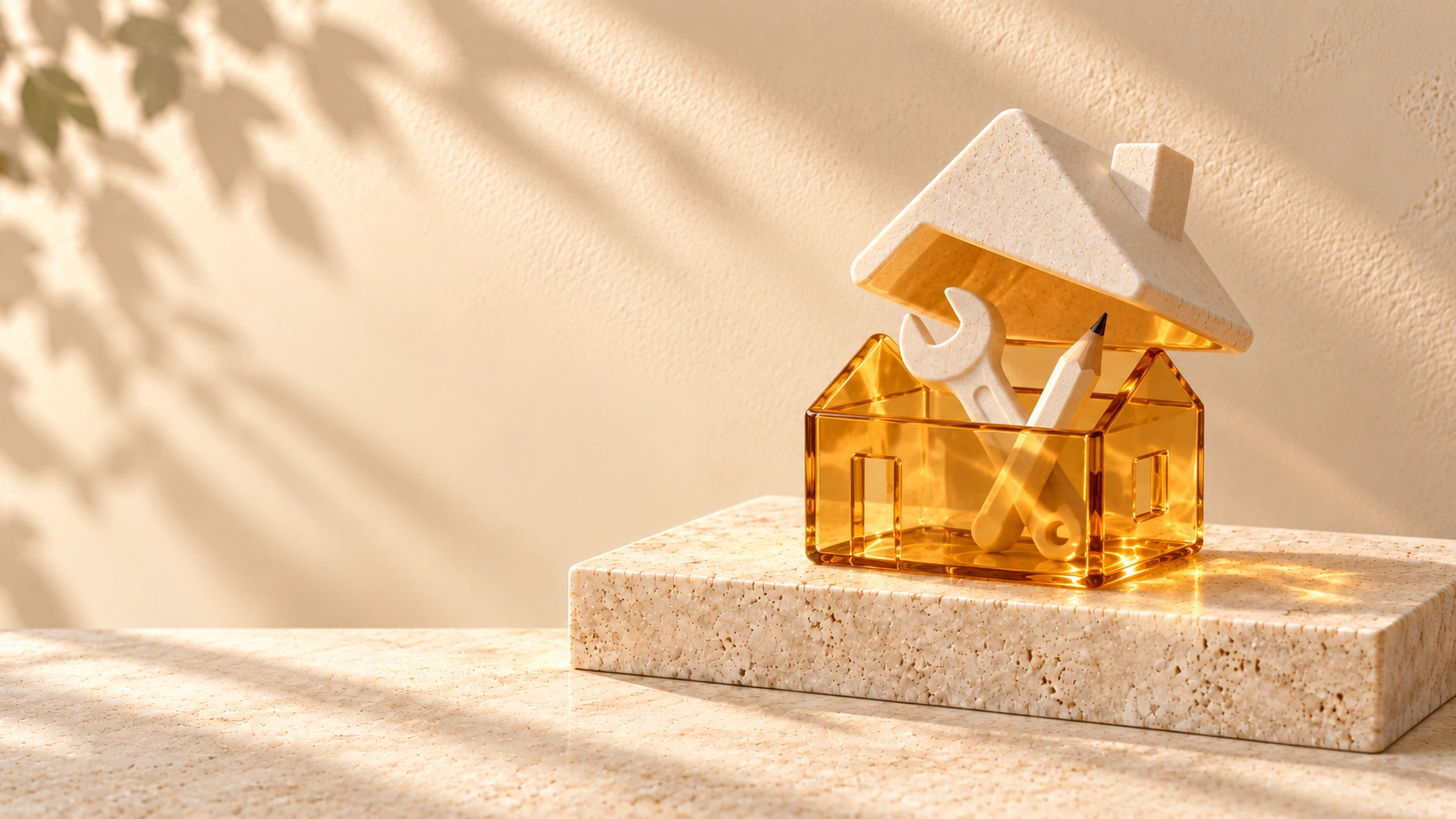 An amber-glass house with a lifted ivory roof reveals a spanner and pencil inside.