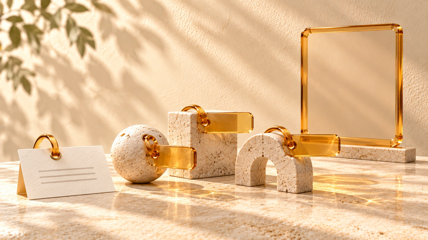 An ivory document and three pale stone shapes carry amber glass labels, with a separate empty display frame in the background.