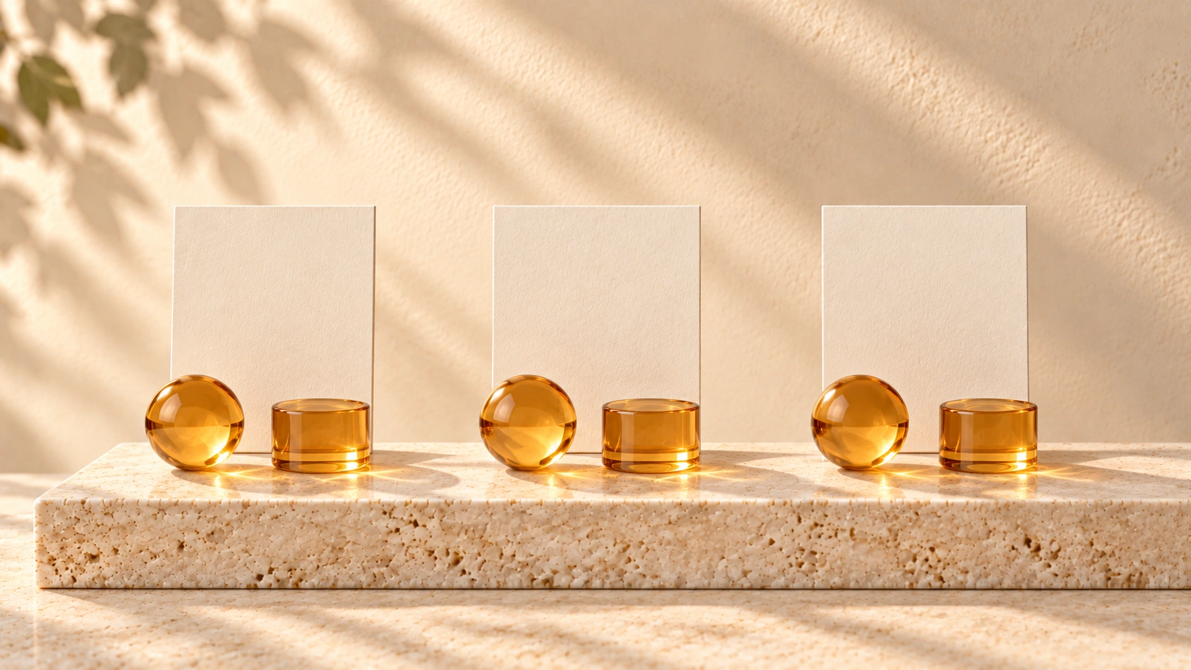 Three ivory cards stand behind matching amber-glass spheres and cylinders arranged in the same order.
