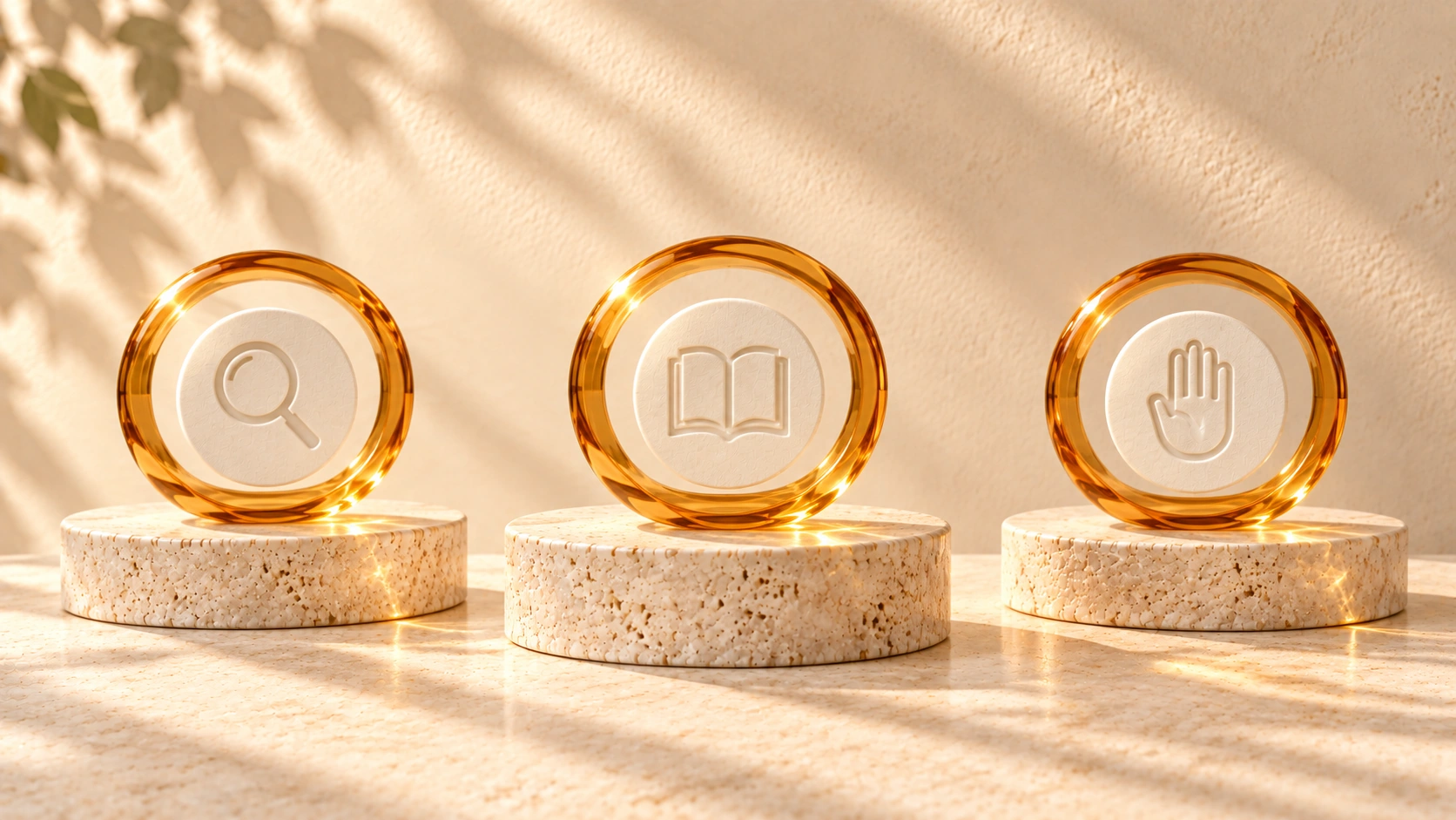Three amber-glass rings hold ivory tokens showing a magnifying glass, an open book, and a hand.