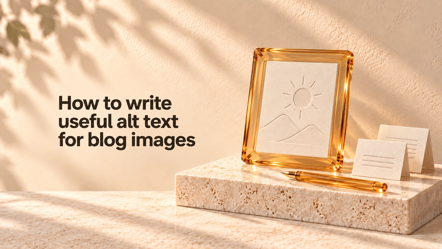 How to write useful alt text for blog images — illustrated cover with an amber picture frame and writing pen.