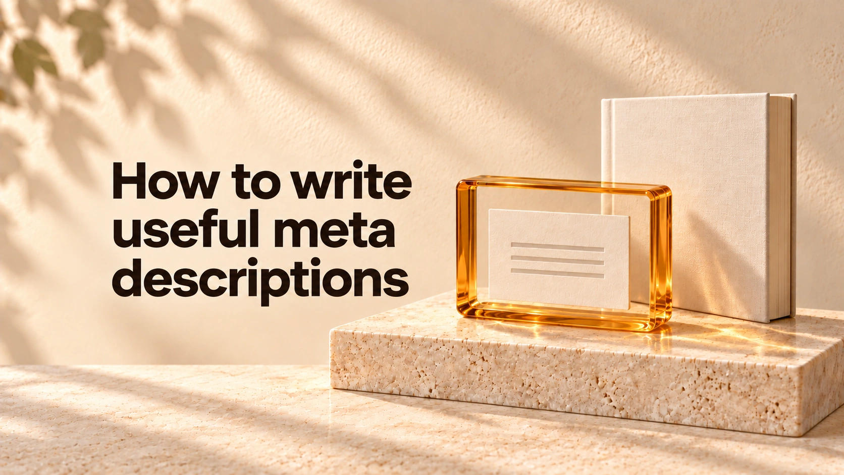 How to write useful meta descriptions, beside an ivory summary card in an amber-glass frame and a tall book.