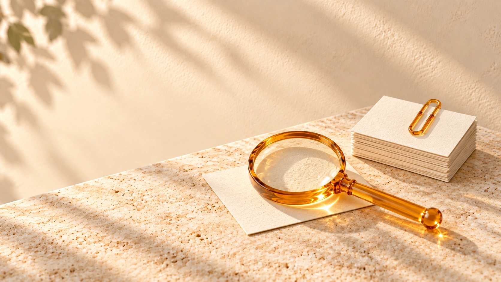 An amber-glass magnifying lens rests over an ivory card beside a stack of record cards and an amber paper clip.