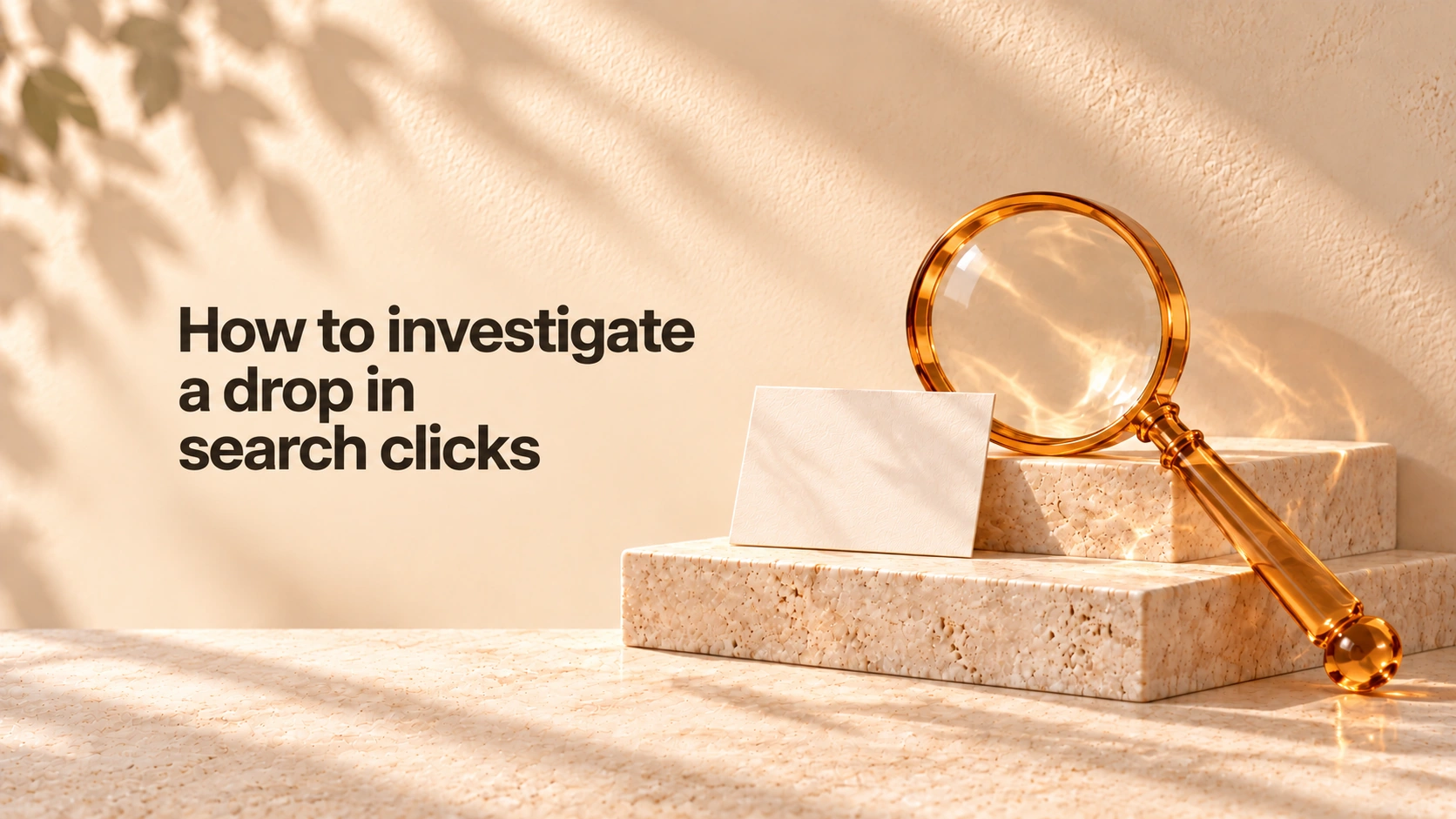 How to investigate a drop in search clicks, beside an amber-glass magnifying glass, ivory card, and pale stone steps.